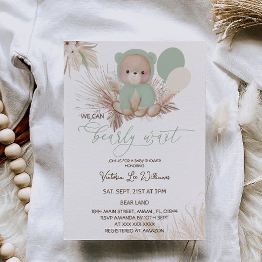 Invitation Baby Shower Bohème Vert Ours