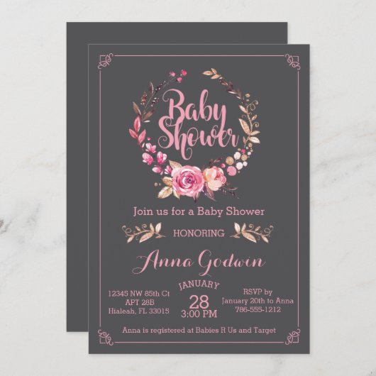 Invitation Baby shower Boho (Devant / Derrière)