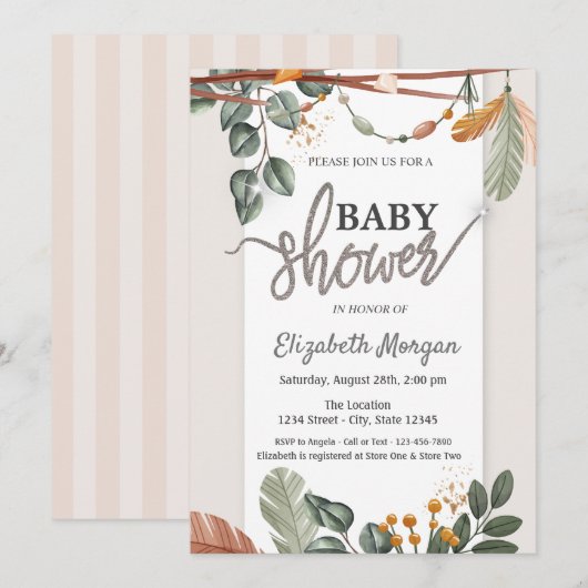 Invitation Baby shower Boho adorable (Devant / Derrière)