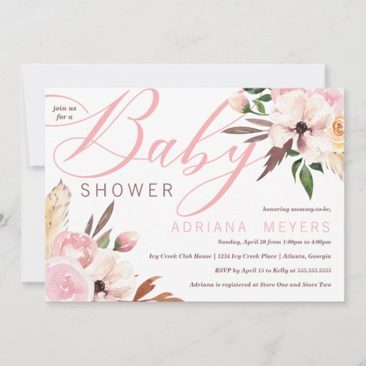 Invitation Baby shower Boho, Aquarelle Florale (Devant)