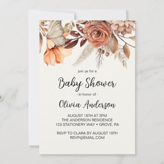 Invitation Baby shower Boho aux fleurs séchées (Devant)