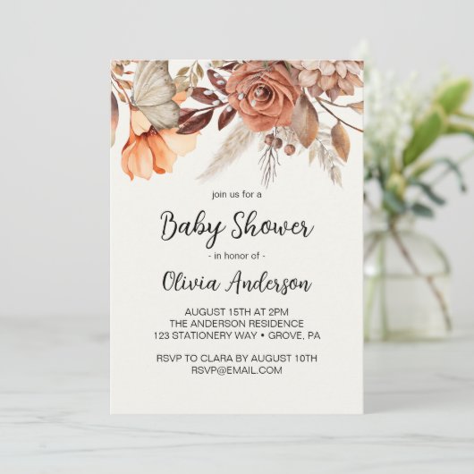 Invitation Baby shower Boho aux fleurs séchées (Debout devant)