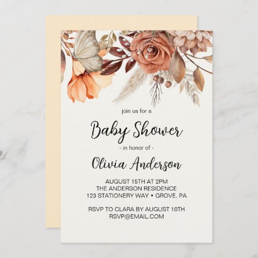 Invitation Baby shower Boho aux fleurs séchées (Devant / Derrière)