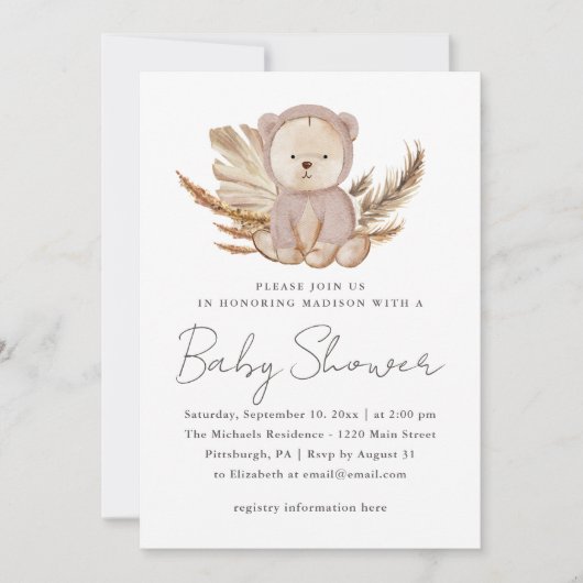 Invitation Baby shower Boho avec ours doux (Devant)