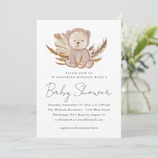 Invitation Baby shower Boho avec ours doux (Debout devant)