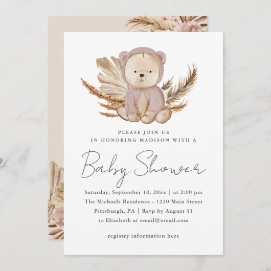Invitation Baby shower Boho avec ours doux (Devant / Derrière)