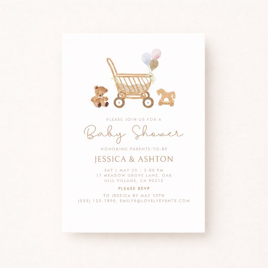 Invitation Baby shower Boho avec ours et poussette