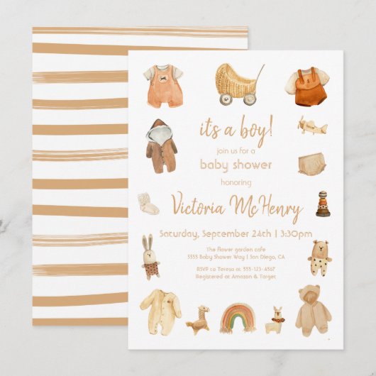 Invitation Baby shower Boho Baby Boy Clothes & Toys (Devant / Derrière)
