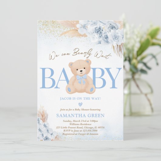 Invitation Baby shower Boho Bleu Boy (Debout devant)