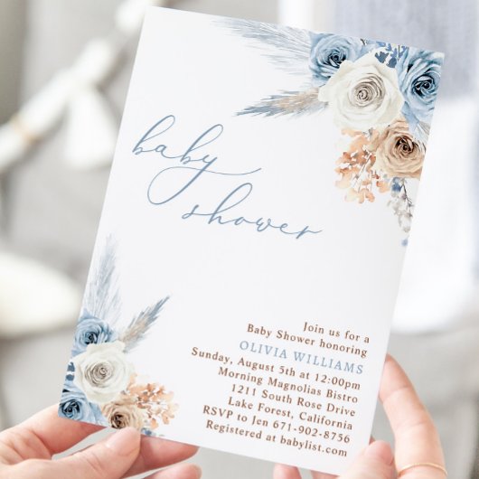 Invitation Baby shower Boho bleu Dusty