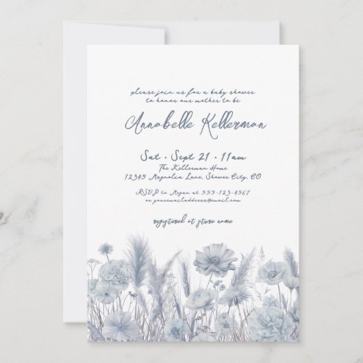 Invitation Baby shower Boho bleu Dusty (Devant)