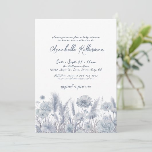 Invitation Baby shower Boho bleu Dusty (Debout devant)