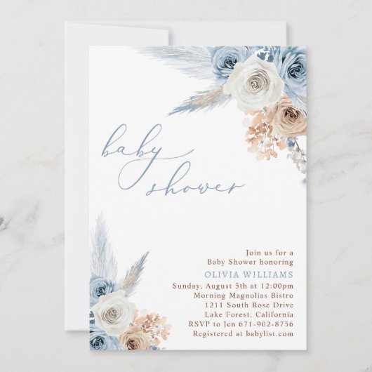 Invitation Baby shower Boho bleu Dusty (Devant)
