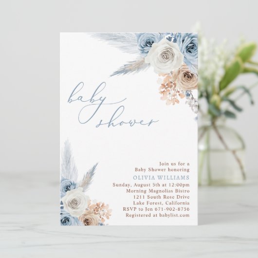 Invitation Baby shower Boho bleu Dusty (Debout devant)