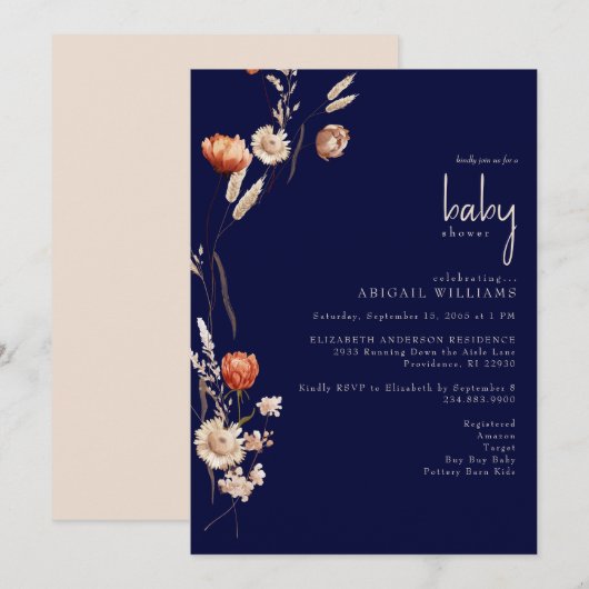 Invitation Baby shower Boho Botanical Navy (Devant / Derrière)