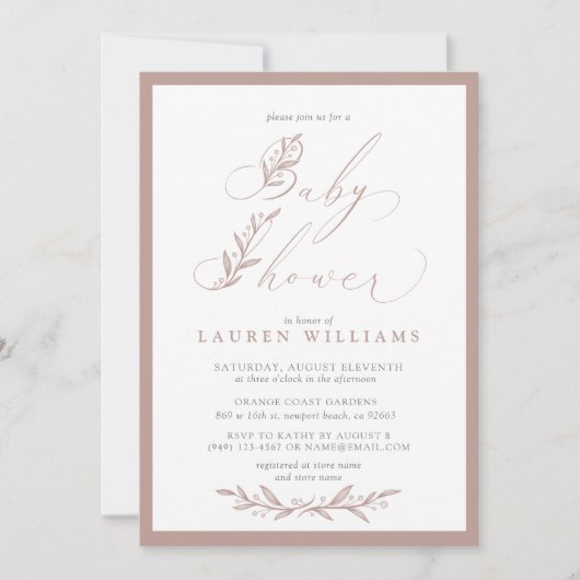 Invitation Baby shower Boho Botanique Dusty Rose rose Script (Devant)