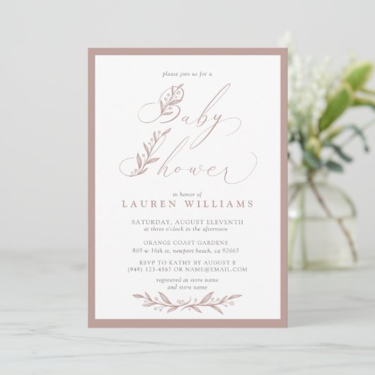 Invitation Baby shower Boho Botanique Dusty Rose rose Script (Debout devant)