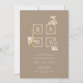 Invitation Baby shower Boho Brown Wood Block Lettres (Devant)