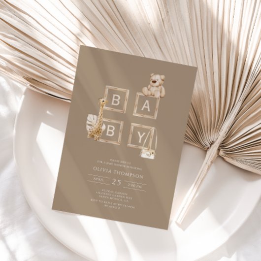 Invitation Baby shower Boho Brown Wood Block Lettres