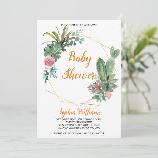 Invitation Baby shower Boho Cactus (Debout devant)