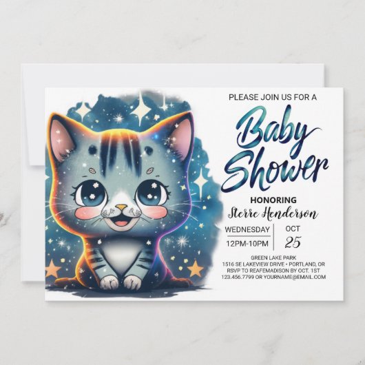 Invitation Baby shower Boho Cat Custom Boy (Devant)