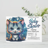 Invitation Baby shower Boho Cat Custom Boy (Debout devant)