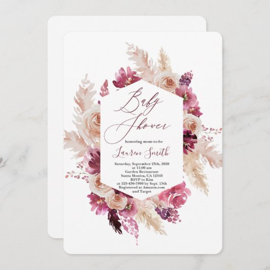 Invitation Baby shower boho chic bordeaux (Devant / Derrière)