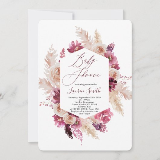Invitation Baby shower boho chic bordeaux (Devant)