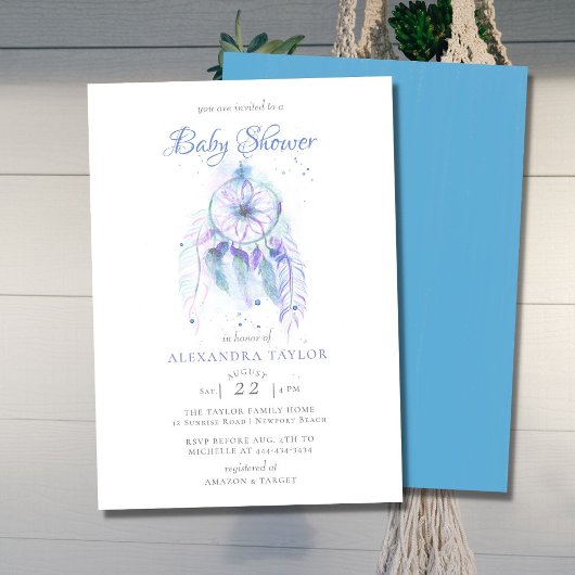 Invitation Baby shower Boho Chic Dreamcatcher Blue Purple Boy