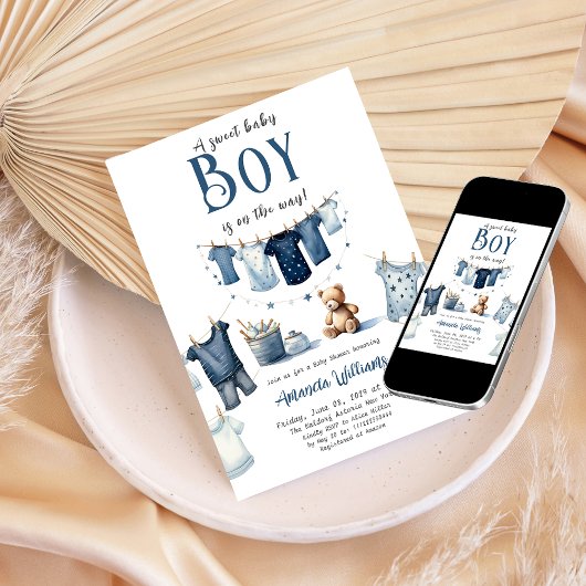 Invitation Baby shower Boho Clothesline Blue Sweet Boy