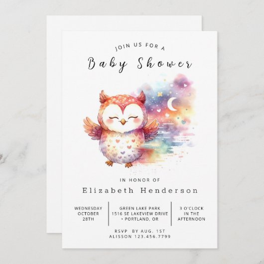 Invitation Baby shower Boho Custom Owl (Devant / Derrière)