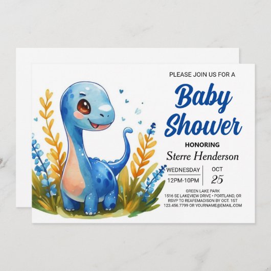 Invitation Baby shower Boho Cute Dinosaur Boy Enchanted (Devant / Derrière)