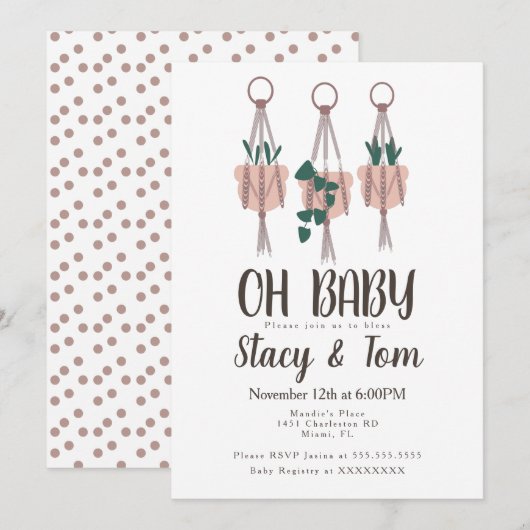 Invitation Baby shower Boho de Plante de Macrame (Devant / Derrière)
