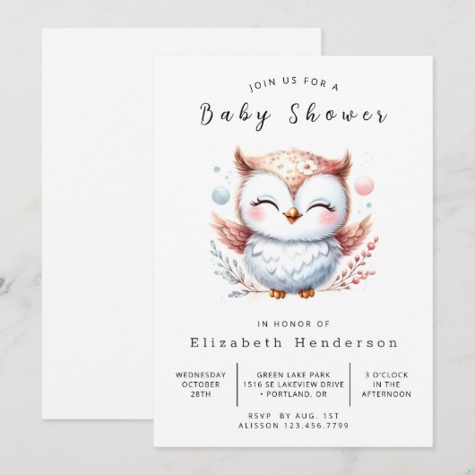 Invitation Baby shower Boho Digital Owl (Devant / Derrière)