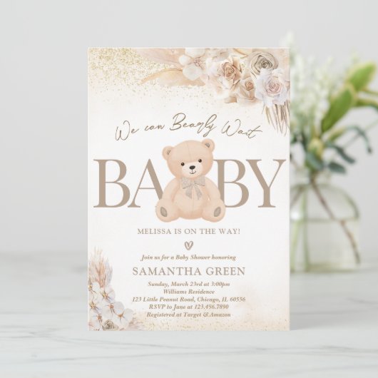 Invitation Baby shower Boho d'ours neutre pour le genre Brown (Debout devant)
