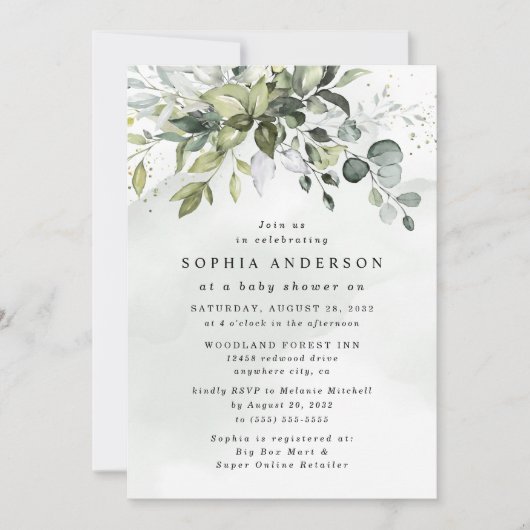 Invitation Baby shower Boho Dusty Blue Eucalyptus (Devant)