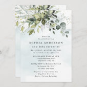 Invitation Baby shower Boho Dusty Blue Eucalyptus Greenery (Devant / Derrière)