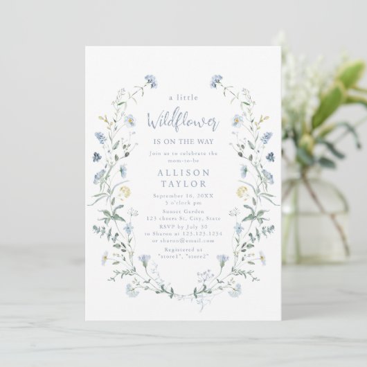Invitation Baby shower Boho Dusty Blue Little Fleur sauvage (Debout devant)