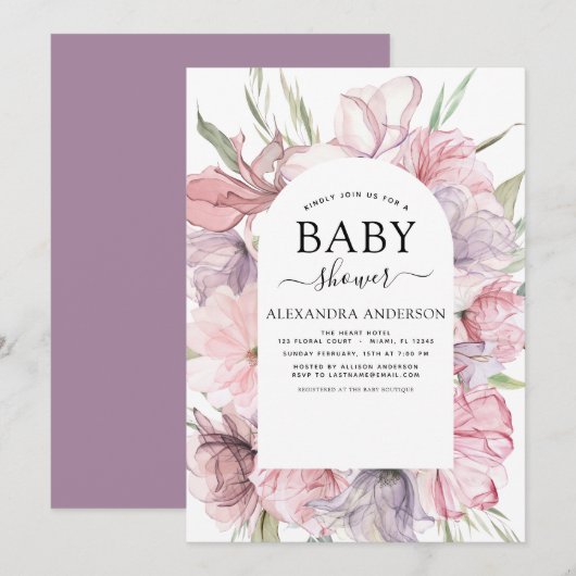 Invitation Baby shower Boho Dusty rose violet (Devant / Derrière)