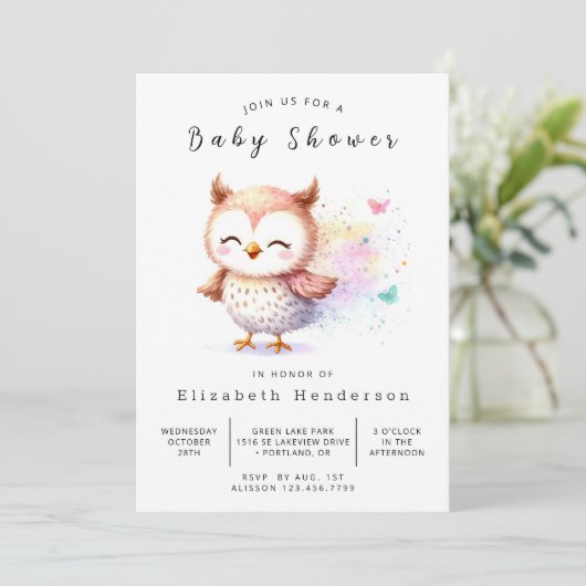 Invitation Baby shower Boho Elegant Owl (Debout devant)