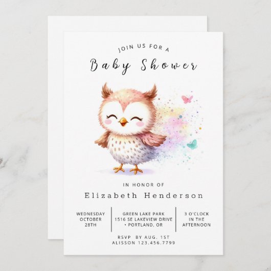 Invitation Baby shower Boho Elegant Owl (Devant / Derrière)