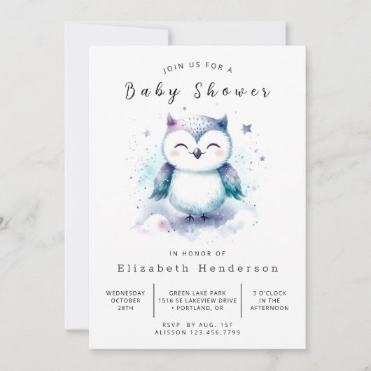 Invitation Baby shower Boho élégant Owl (Devant)