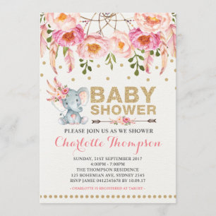 Invitation Baby shower Boho Eléphant d'or rose