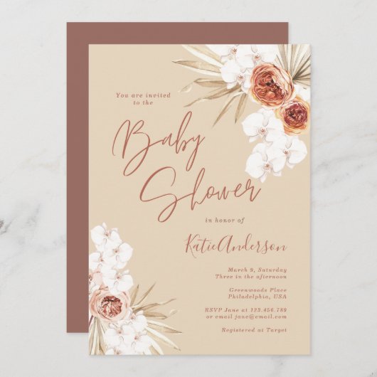 Invitation Baby shower Boho en herbe Pampas Tonique Terre (Devant / Derrière)