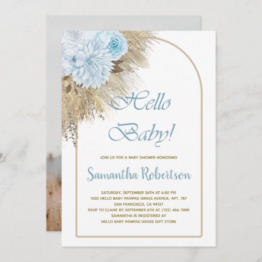 Invitation Baby shower Boho en laiton bleu Pampas Photo (Devant / Derrière)