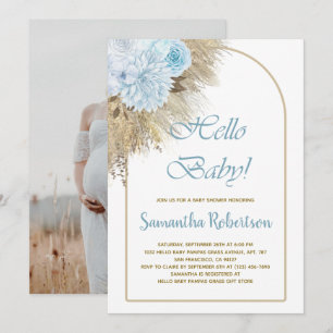 Invitation Baby shower Boho en laiton bleu Pampas Photo