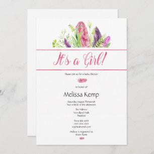 Invitation Baby shower Boho en plumes roses