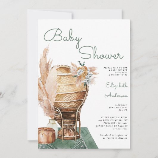 Invitation Baby shower Boho Eucalyptus Green Pampas Boho (Devant)