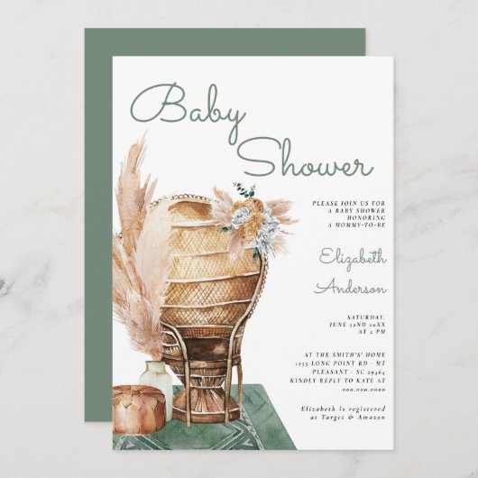 Invitation Baby shower Boho Eucalyptus Green Pampas Boho (Devant / Derrière)