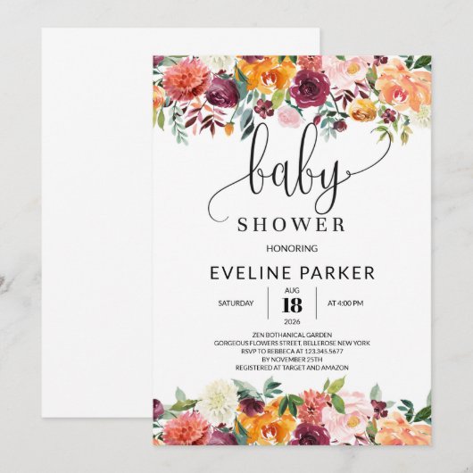 Invitation baby shower Boho Fall orange marigold (Devant / Derrière)